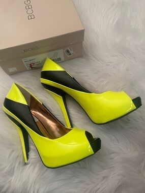 BCBG Neon Yellow and Black Patent Peep Toe Stilettos